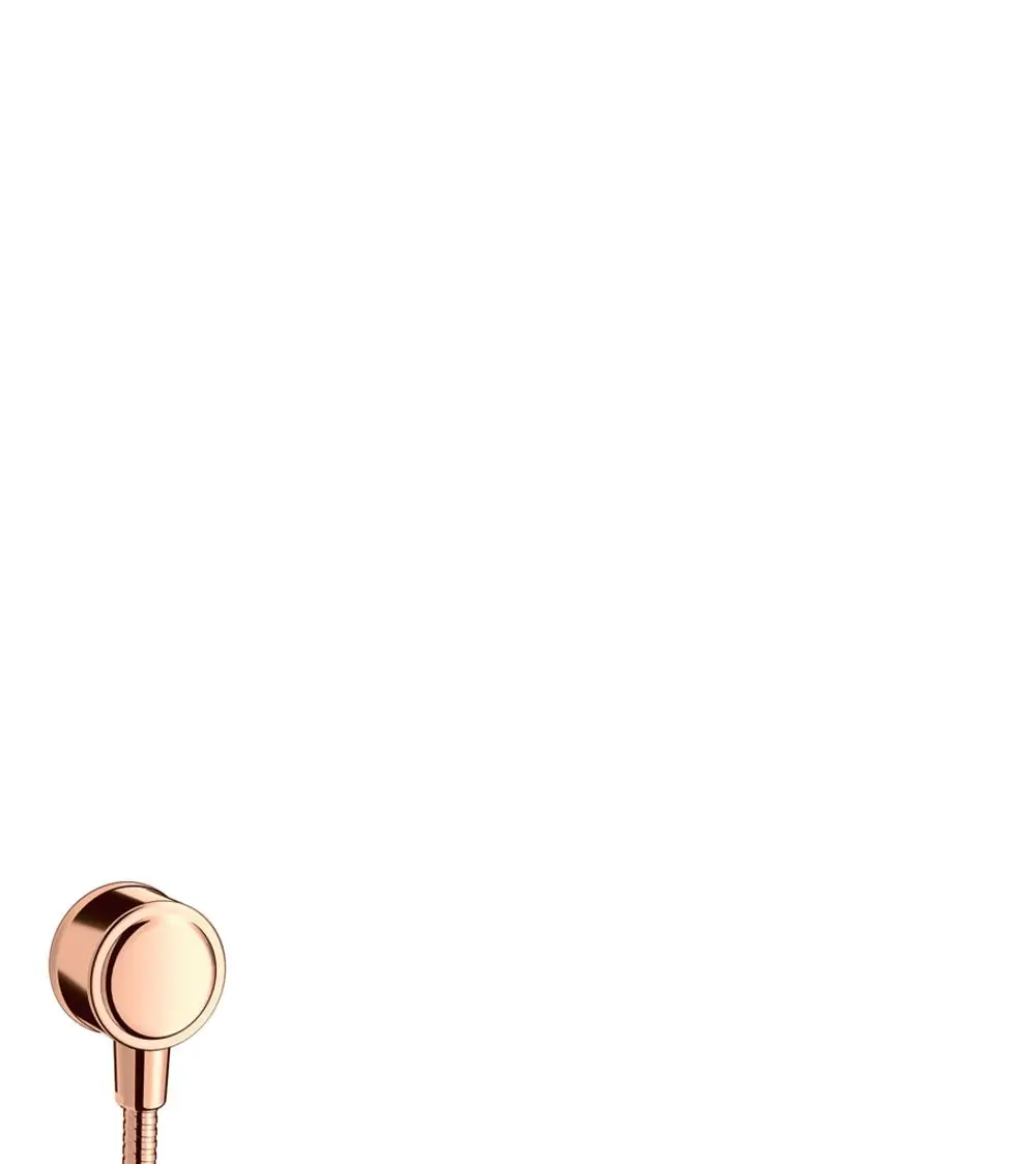 Montierter Wandanschluss in poliertem Rotgold von AXOR mit Rückflussverhinderer, in minimalistischer Formgebung vor neutralem Hintergrund.